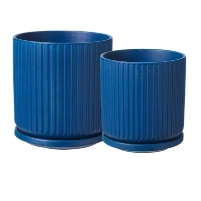 Ceramic Ridged Design Plant Pot With Saucer. Marion Blue - H17.5 cm
