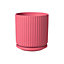 Ceramic Ridged Design Plant Pot With Saucer. Pink - H17.5 cm