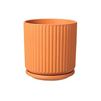 Ceramic Ridged Design Plant Pot With Saucer. Tango Orange - H17.5 cm