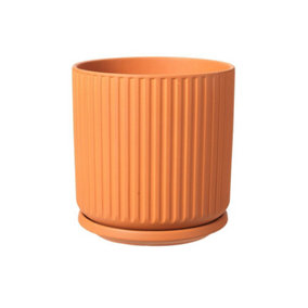 Ceramic Ridged Design Plant Pot With Saucer. Tango Orange - H17.5 cm