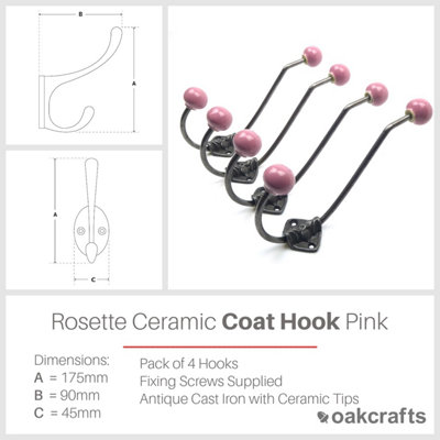 Ceramic Rosette Coat Hook - Pink Blue - Pack of 4 Hooks