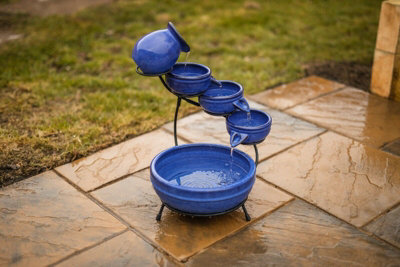 Ceramic Royal Blue Solar Powered Garden Water Feature with Glazed Effect