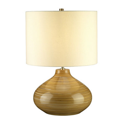 Ceramic Table Lamp Linen Ivory Shade Wood Effect LED E27 60W Bulb