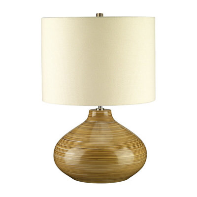 Ceramic Table Lamp Linen Ivory Shade Wood Effect LED E27 60W Bulb