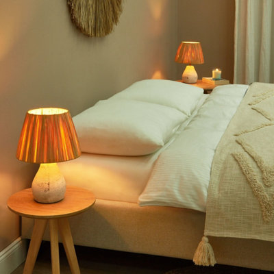 Ceramic Table Lamps Pair with White and Natural Cone Paper Shades, Distressed Finish, 31cm H