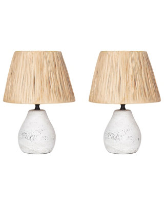 Ceramic Table Lamps Pair with White and Natural Cone Paper Shades, Distressed Finish, 31cm H