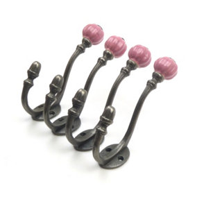 Ceramic Tipped Shabby Chic Cast Iron Coat Hook 125mm (Pink) - Pack of 4 Hooks