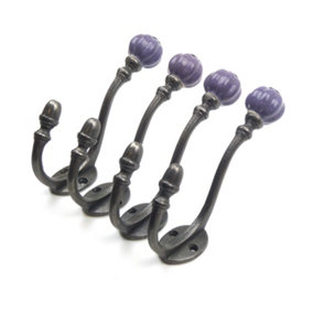 Ceramic Tipped Shabby Chic Cast Iron Coat Hook 125mm (Purple) - Pack of 4 Hooks