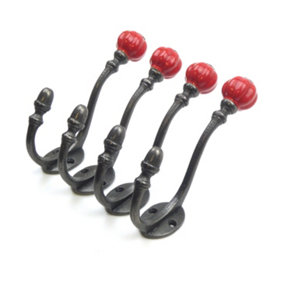 Ceramic Tipped Shabby Chic Cast Iron Coat Hook 125mm (Red) - Pack of 4 Hooks