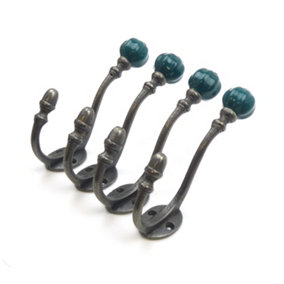 Ceramic Tipped Shabby Chic Cast Iron Coat Hook 125mm (Teal) - Pack of 4 Hooks