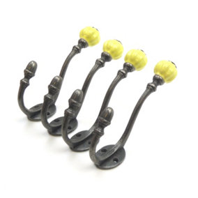 Ceramic Tipped Shabby Chic Cast Iron Coat Hook 125mm (Yellow) - Pack of 4 Hooks