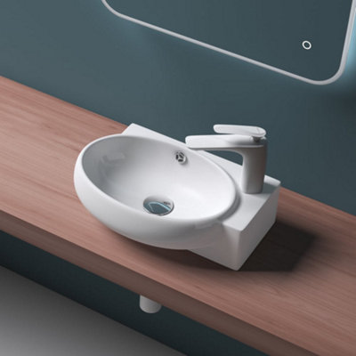 Ceramic Wall Hung or Counter Top Basin - Single Corner Tap Hole With Overflow - 420 x 280 x 150mm