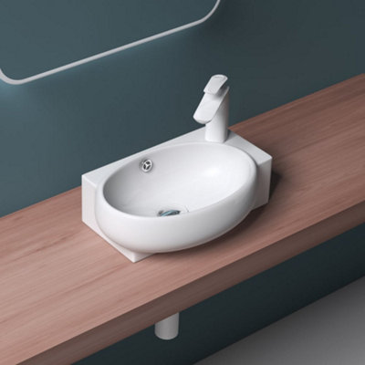 Ceramic Wall Hung or Counter Top Basin - Single Corner Tap Hole With Overflow - 420 x 280 x 150mm