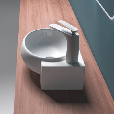 Ceramic Wall Hung or Counter Top Basin - Single Corner Tap Hole With Overflow - 420 x 280 x 150mm