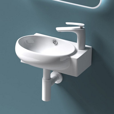 Ceramic Wall Hung or Counter Top Basin - Single Corner Tap Hole With Overflow - 420 x 280 x 150mm