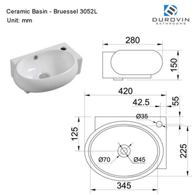 Ceramic Wall Hung or Counter Top Basin - Single Corner Tap Hole With Overflow - 420 x 280 x 150mm