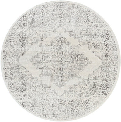 CEREN Round Vintage Traditional Oriental Boho Cream Area Rug 200 x 200 cm
