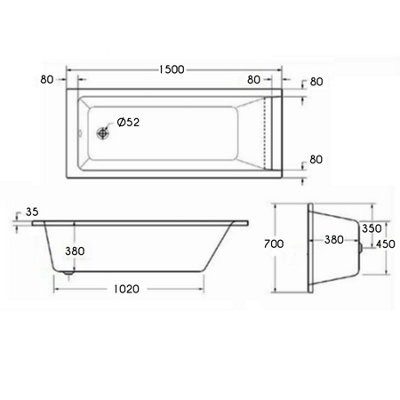 Cesar 1500 x 700mm Acrylic Square Edged Single Ended White Straight Bath Square Screen with Towel Rail & Front Panel