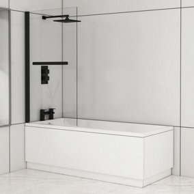 Cesar 1500 x 700mm Acrylic Square Edged Single Ended White Straight Bath with Matt Black Wall Profile Screen & Rail