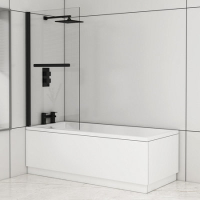 Cesar 1600 x 700mm Acrylic Square Edged Single Ended White Straight Bath with Matt Black Wall Profile Screen & Rail
