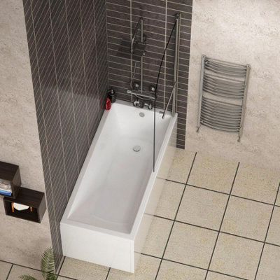 Cesar 1700 x 700mm Acrylic Square Edged Single Ended Gloss White Straight Bath with Chrome Curved Screen & Towel Rail