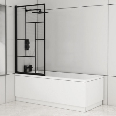 Cesar 1700 x 700mm Acrylic Square Edged Single Ended Gloss White Straight Bathtub with Matt Black Abstract Grid Screen