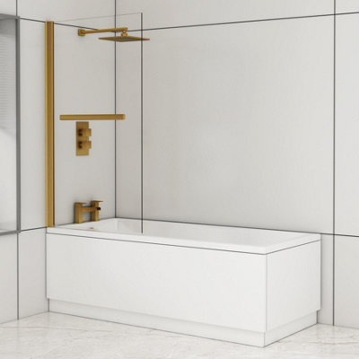 Cesar 1700 x 700mm Acrylic Square Edged Single Ended White Straight Bath with Brushed Brass Wall Profile Screen & Rail