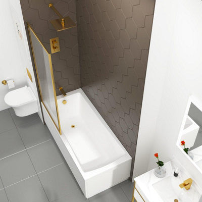 Cesar 1700 x 750mm Acrylic Square Edged Single Ended Gloss White Straight Bath with Brushed Brass Framed Fluted Screen