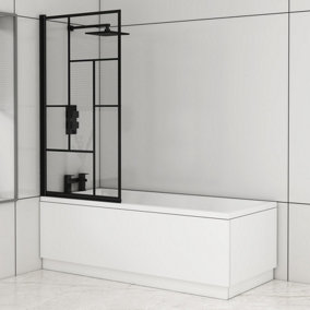 Cesar 1800 x 800mm Acrylic Square Edged Single Ended Gloss White Straight Bathtub with Matt Black Abstract Grid Screen