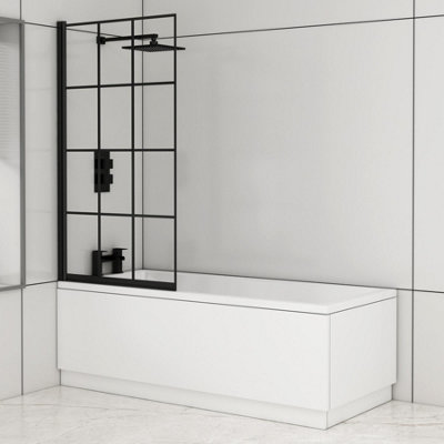 Cesar 1800 x 800mm Acrylic Square Edged Single Ended Gloss White Straight Bathtub with Matt Black Square Grid Screen
