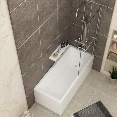 Cesar 1800 x 800mm Acrylic Square Edged Single Ended White Straight Bath Square Screen with Towel Rail & Front,End Panel