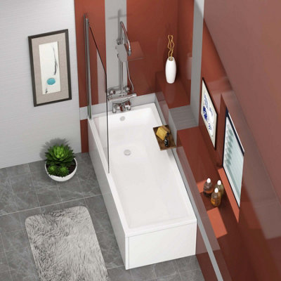 Cesar 1800 x 800mm Acrylic Square Edged Single Ended White Straight Bath with Chrome Profile Screen & Front, End Panel