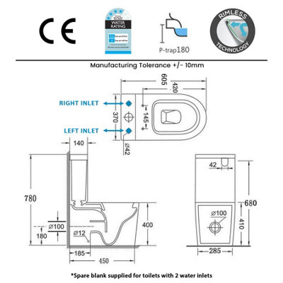 Cesar Short Projection Close Coupled Rimless Toilet and Soft Close Seat with Cistern