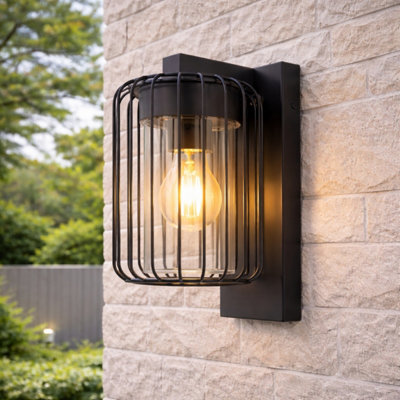 CGC ALVIN Black Outdoor Cage Wall Lantern Light with Clear Diffuser IP54