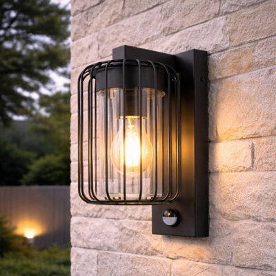 CGC Alvin PIR Motion Sensor Black Outdoor Cage Wall Lantern Light with ...