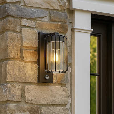 CGC Alvin PIR Motion Sensor Black Outdoor Cage Wall Lantern Light with ...