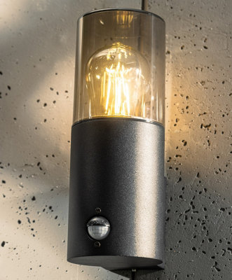 CGC Black Outdoor PIR Motion Sensor Wall Light Smoked Diffuser Modern Design Garden Patio Outside Door E27 Screw IP54 Weatherproof