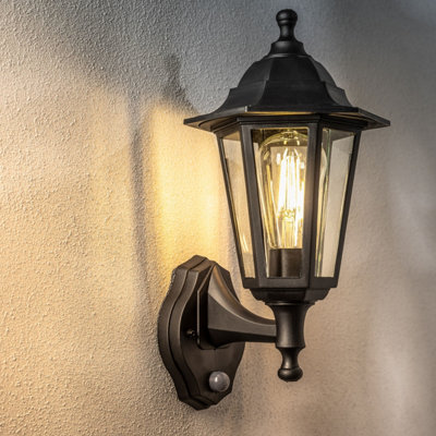 CGC Black Security Outdoor Wall Lantern with Motion Sensor PIR Traditional Light  IP44 Weatherproof Polycarbonate E27 Bulb