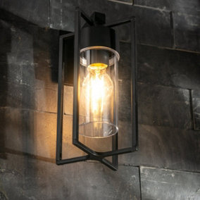 CGC CHARLI Black E27 Outdoor Wall Light Lantern Clear Diffuser IP54