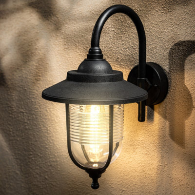 CGC Curved Black Outdoor Wall Lantern Fishermans Style Light Garden Porch Lamp IP44 Weatherproof Polycarbonate E27 Standard Screw