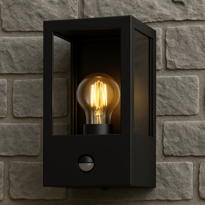 CGC Dave PIR Motion Sensor Black E27 Outdoor Wall Light Box Lantern ...