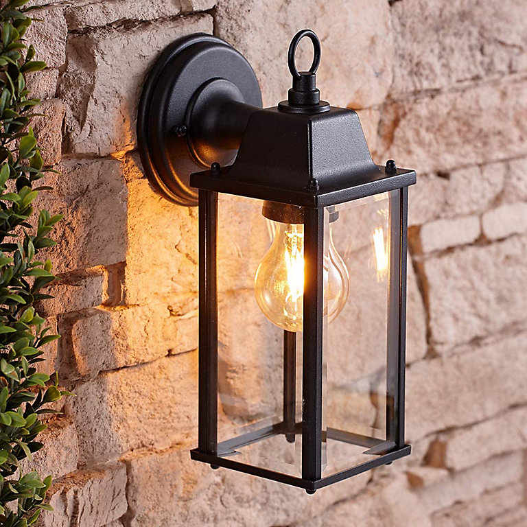 CGC Freya Black Bevelled Glass Coach Lantern Garden Outdoor Porch Wall  Light | DIY at B&Q