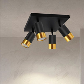 CGC PUZON Black & Gold GU10 Adjustable Four Head GU10 Ceiling Spotlight Bar Light
