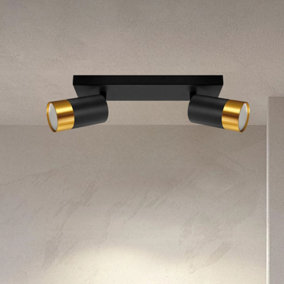 CGC PUZON Black & Gold GU10 Adjustable Twin Two Head GU10 Ceiling Spotlight Bar Light