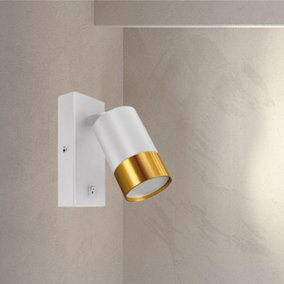 CGC PUZON White & Gold GU10 Adjustable Single GU10 Spotlight Wall Light with Switch