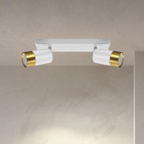 CGC PUZON White & Gold GU10 Adjustable Twin Two Head GU10 Ceiling Spotlight Bar Light