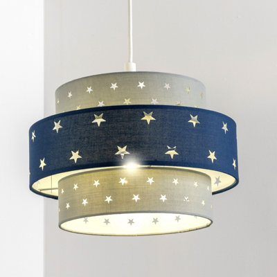 CGC STARLIGHT Grey & Navy Blue Star Two Tier Easy Fit Lamp Shade Kids Childrens