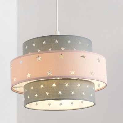 CGC STARLIGHT Grey & Pink Star Two Tier Easy Fit Lamp Shade Kids Childrens