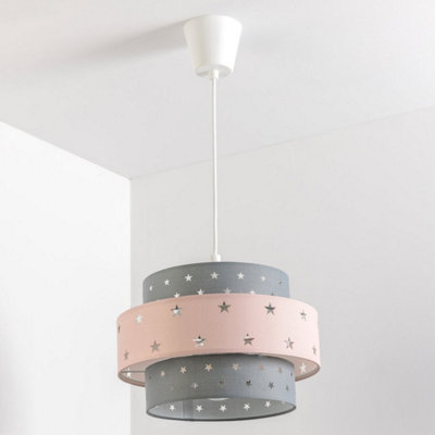 CGC STARLIGHT Grey & Pink Star Two Tier Easy Fit Lamp Shade Kids Childrens