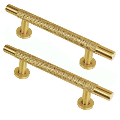 CH445 Knurled T Bar Pull Handle, Satin Brass, 128mm Centres, Pack of 2 DIY at B&Q